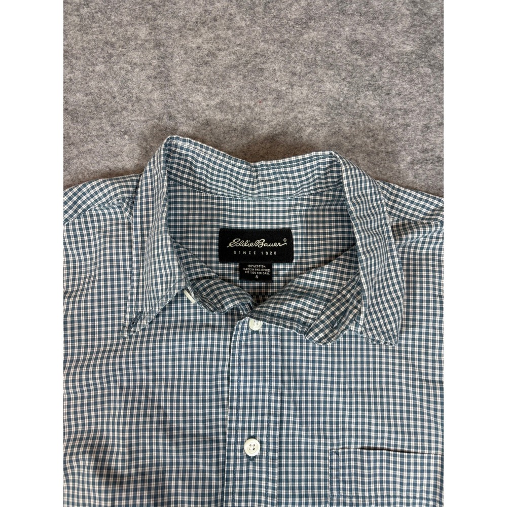 Vintage Eddie Bauer Button Down Shirt Mens Small Blue Gingham Long Sleeve Preppy
